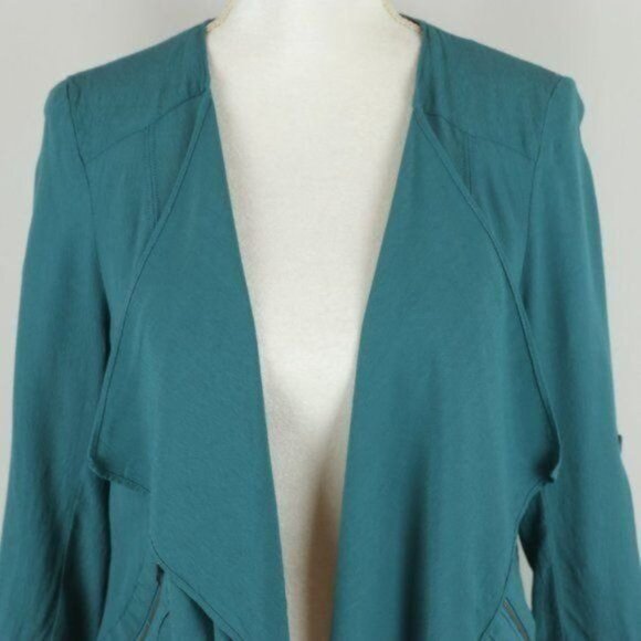 Elevenses Eldora Women's Medium Teal Crepe Draped Open Front Blazer - Picture 3 of 9